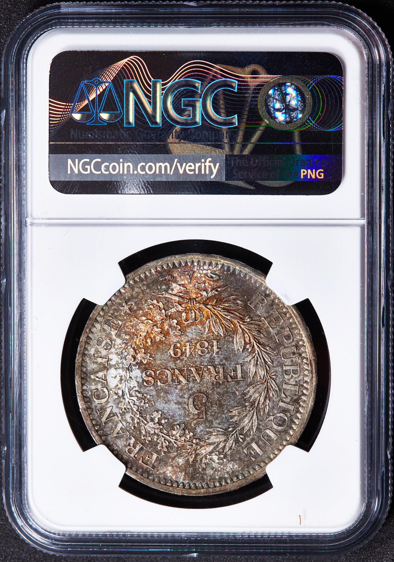 【俄甄集藏】2026年(049)03-18星期三 晚 19:30 全场包邮 法国1849年第二共和国A版大力神5法郎大银币，NGC MS64，五彩，转光品相，少见高分