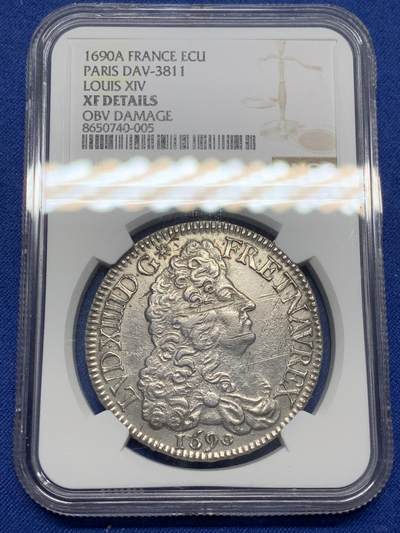 《竞宝斋》第471场 周日，周一，周二 3场连拍 （全场包邮）欢迎送拍 - NGC XFD 法国1690年路易十四埃居大银币
