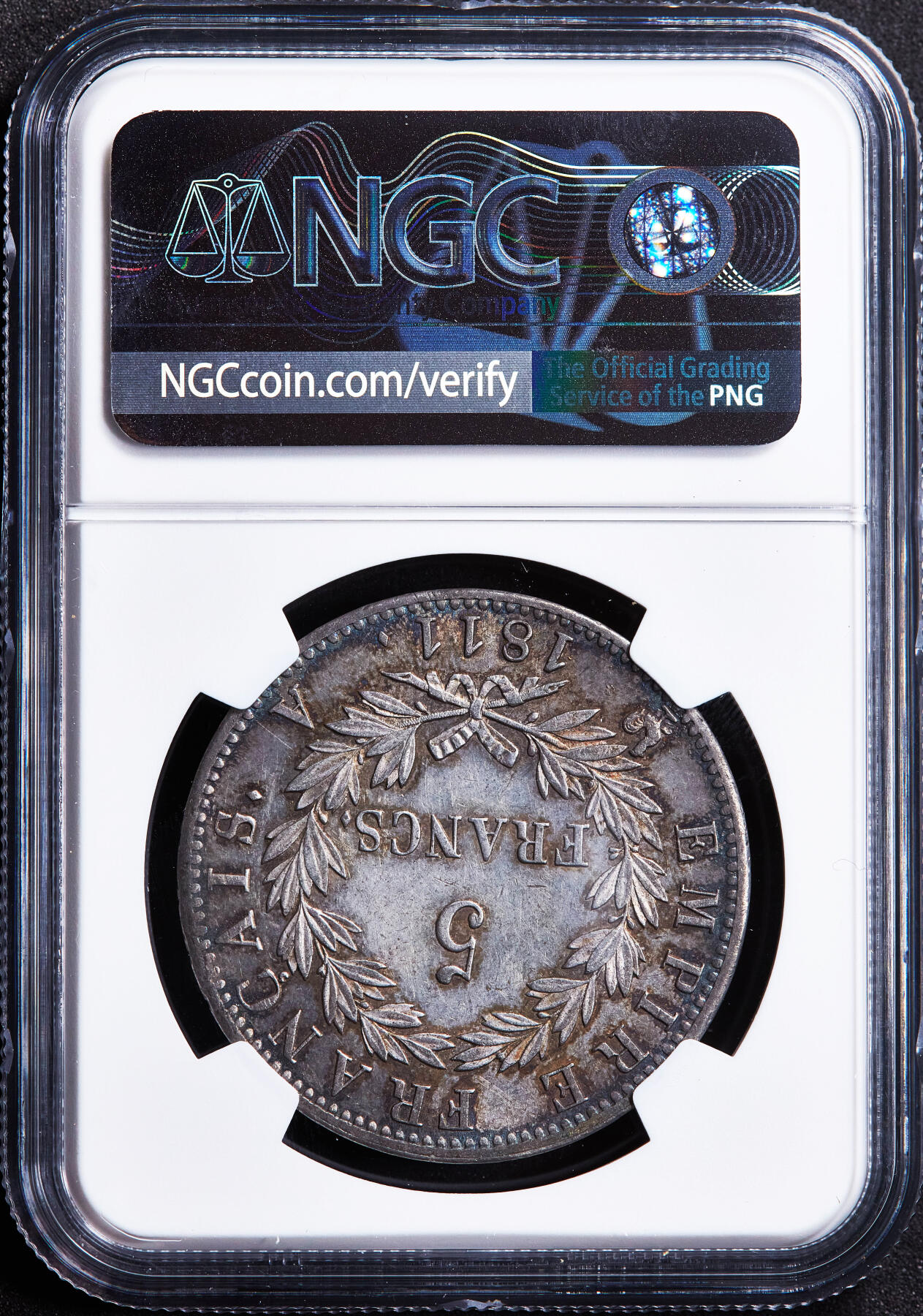 【俄甄集藏】2026年(049)03-18星期三 晚 19:30 全场包邮 法国1811年拿破仑帝国A版5法郎大银币，NGC AU58，五彩包浆，底光犹存，经典品种