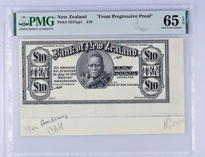 【Blue Auction】世界纸币精拍第795期——18级TOP拍卖/信誉/品质/专业/高效💫 - 【唯一冠军&唯一记录 非常珍罕 BWC出品 正面渐进印样】新西兰 1024年10镑高值  毛利人的第二任国王塔霍奥特写雕刻精美 PMG65EPQ 大票幅（带边铭 审核人手签签名 写了22年9月21日通过 意义重大）