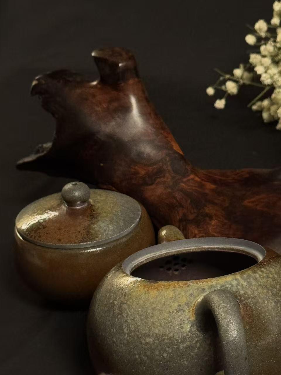 零元拍：原矿紫砂壶柴烧半月+柴烧主人杯（250CC左右）