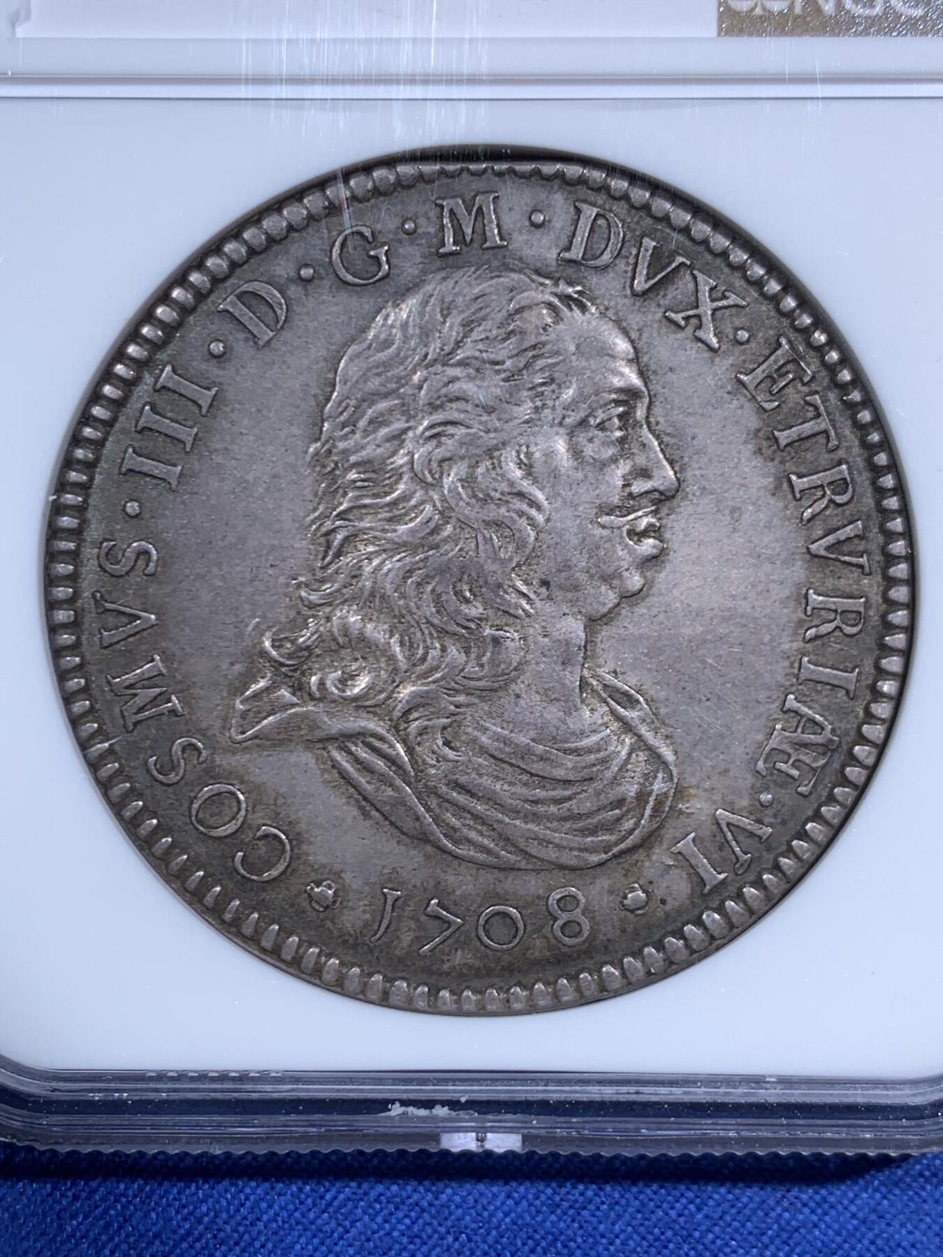 《竞宝斋》第471场 周日，周一，周二 3场连拍 （全场包邮）欢迎送拍 唯一冠军分 NGC AU58 意大利 1708年  托斯卡纳大公国  科西莫三世 城堡泰勒大银币 币胚完整全深打 少之又少 裸币意大利拍卖2W购入 高点极好 低评明显