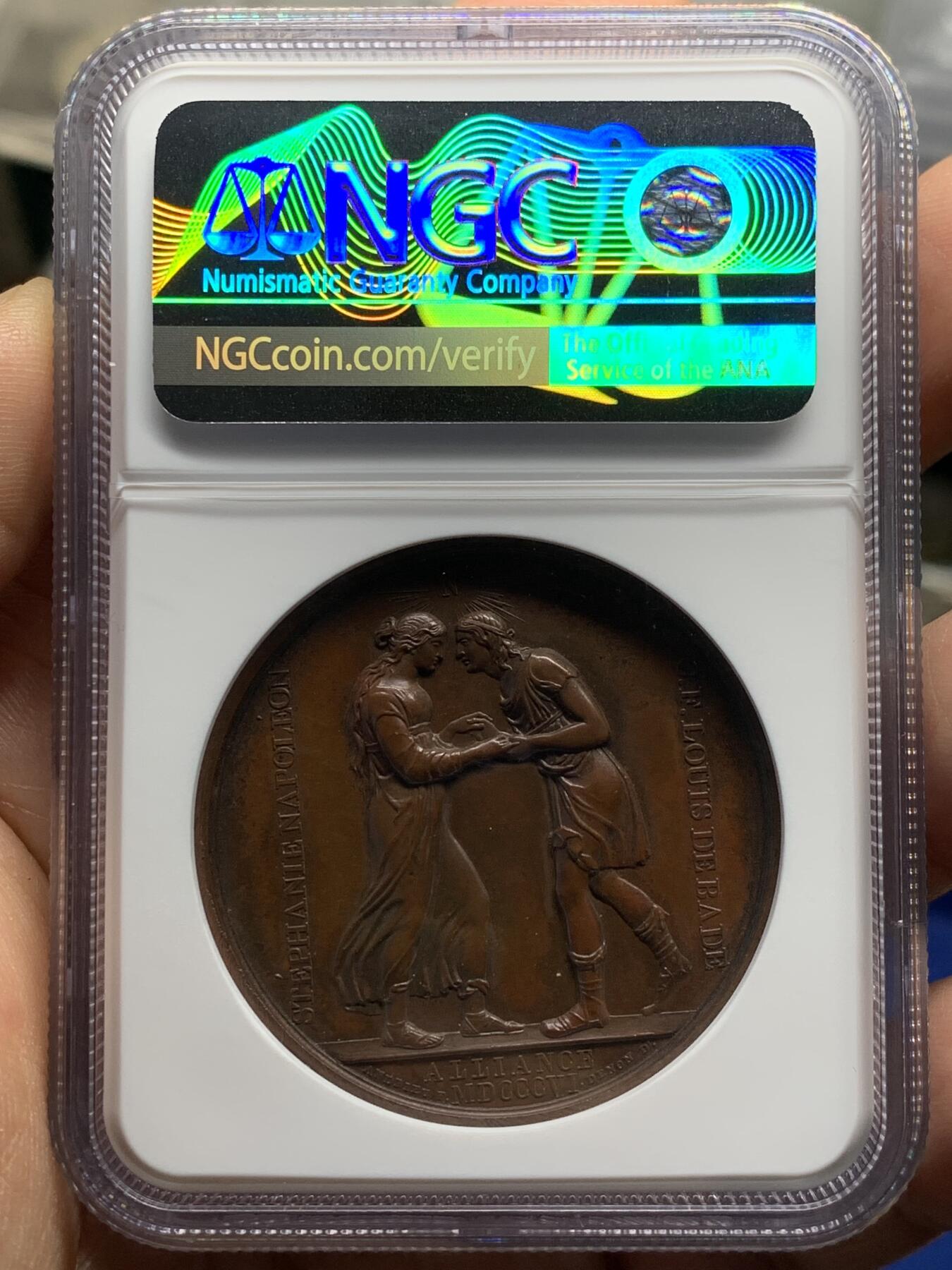 《竞宝斋》第471场 周日，周一，周二 3场连拍 （全场包邮）欢迎送拍 NGC MS63BN 法国1806年拿破仑原铸铜章 与巴登公国联姻 高分 巴黎造币厂紫檀色包浆 头顶光芒四射的