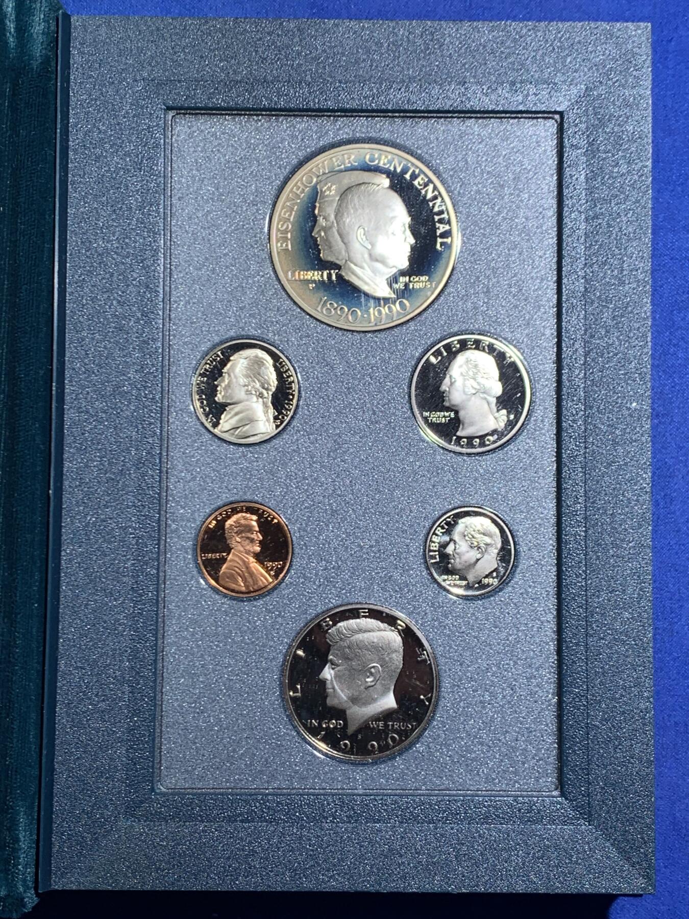 《竞宝斋》第471场 周日，周一，周二 3场连拍 （全场包邮）欢迎送拍 1990年美国Prestige套装，含6枚硬币，带原盒和证书，其中最大的一枚是900银的艾森豪威尔百年纪念银币含26.73克纯银。