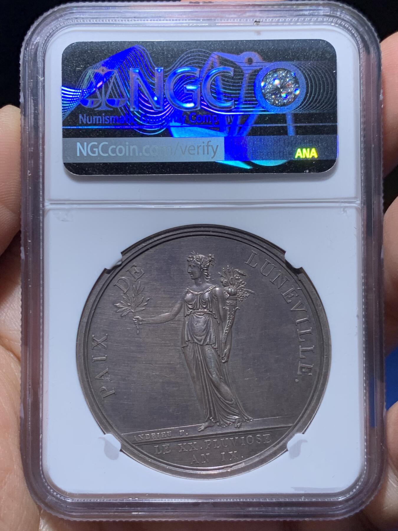 《竞宝斋》第471场 周日，周一，周二 3场连拍 （全场包邮）欢迎送拍 NGC MS61 法国 1801 拿破仑·波拿巴首任法兰西共和国执政官 纪念银章 品质细节极佳 值得入藏的品种