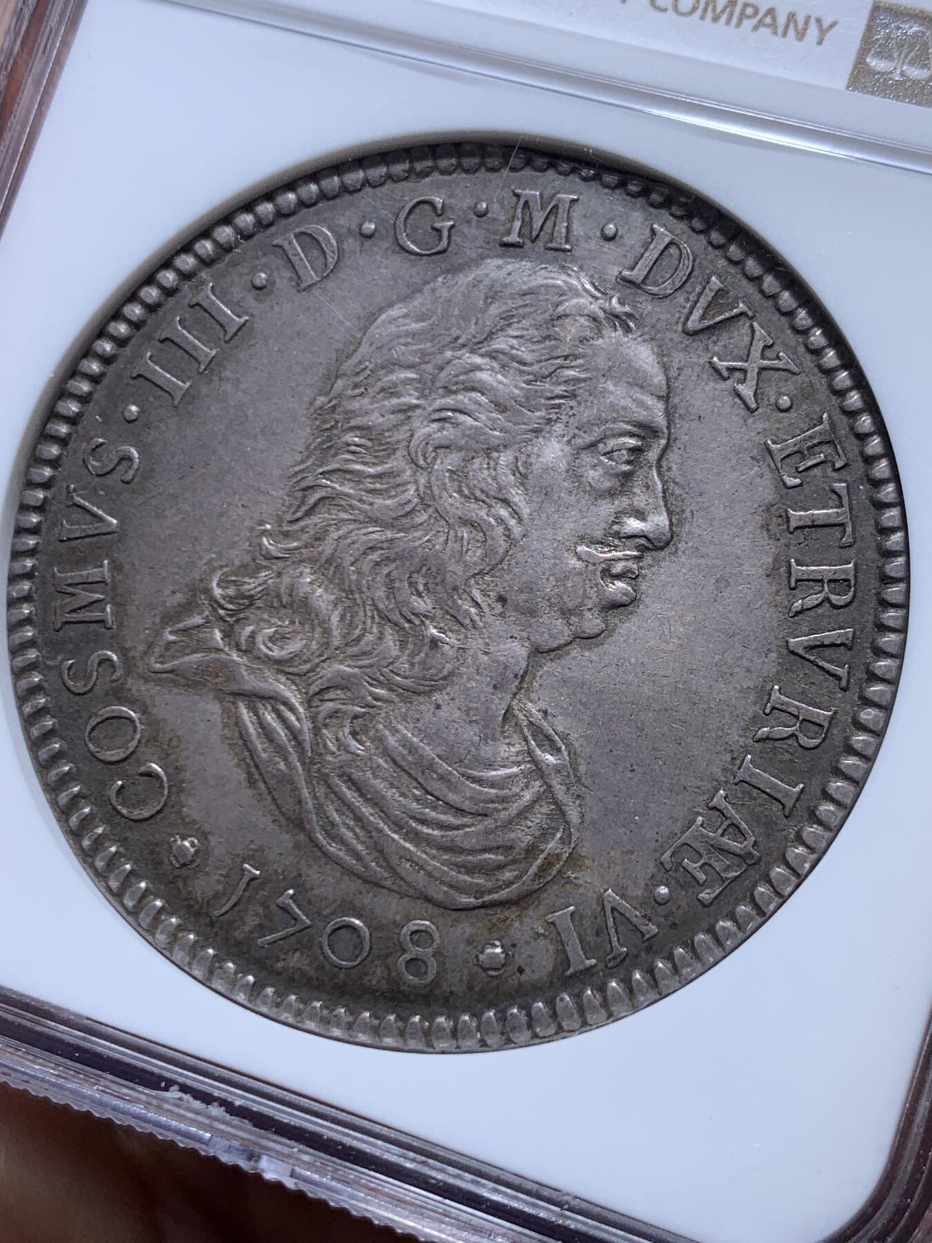 《竞宝斋》第471场 周日，周一，周二 3场连拍 （全场包邮）欢迎送拍 唯一冠军分 NGC AU58 意大利 1708年  托斯卡纳大公国  科西莫三世 城堡泰勒大银币 币胚完整全深打 少之又少 裸币意大利拍卖2W购入 高点极好 低评明显