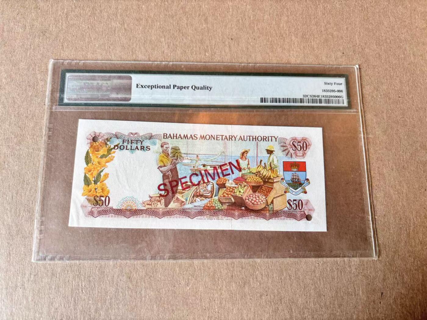 【Blue Auction】世界纸币精拍第795期——18级TOP拍卖/信誉/品质/专业/高效💫 【样钞】巴哈马 1968年50元 海港贸易风情 水果摊 彩背 女王 次高值 印刷品质相同 实钞价格太贵 凑套可暂替代 PMG64EPQ  