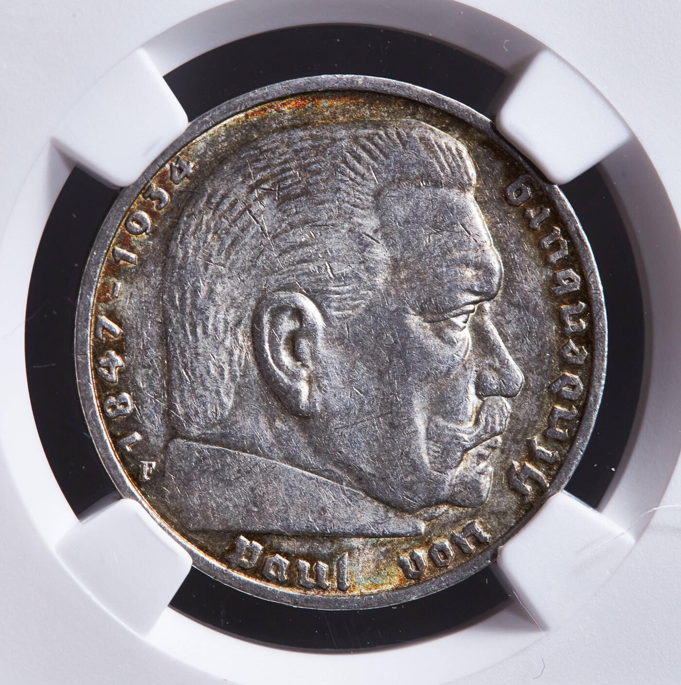 【俄甄集藏】2026年(049)03-18星期三 晚 19:30 全场包邮 德国第三帝国1939年F版兴登堡党徽5马克银币，NGC MS62，五彩环彩，原光品相，原图联系客服或官网查询