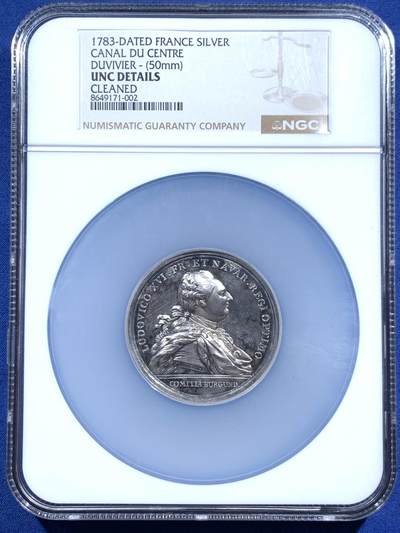 《竞宝斋》第471场 周日，周一，周二 3场连拍 （全场包邮）欢迎送拍 - NGC UNCD 1783年法国中央运河建设开工纪念大银章 双面高浮雕 细节极美 路易十六银章少见 加大加厚盒