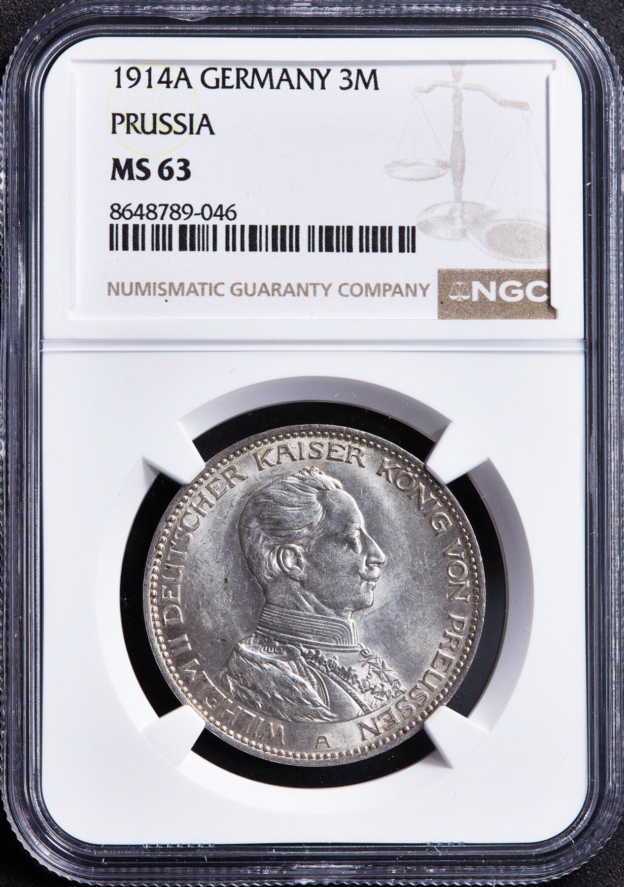 【俄甄集藏】2026年(049)03-18星期三 晚 19:30 全场包邮 德国普鲁士1914年A版威廉二世军装3马克银币，NGC MS63，黄油彩老包浆，转光品相，少见年份版本