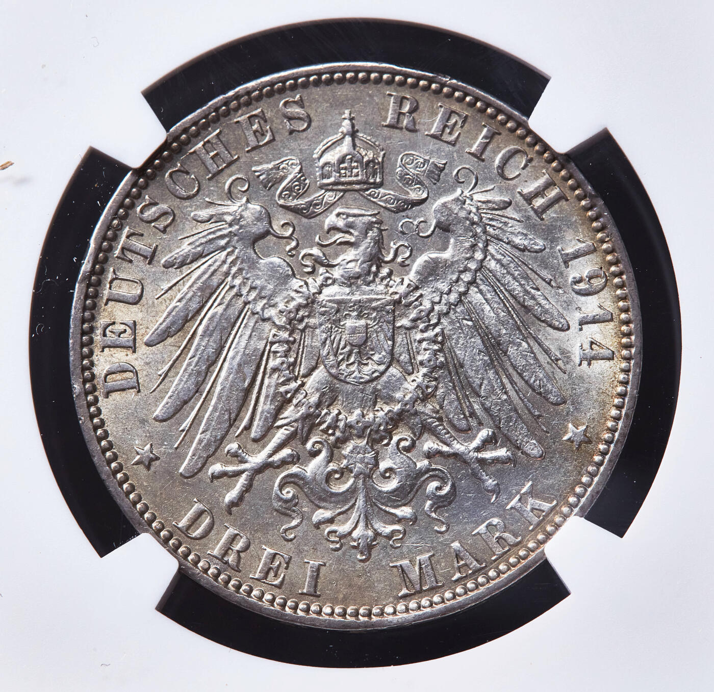 【俄甄集藏】2026年(049)03-18星期三 晚 19:30 全场包邮 德国汉堡1914年J版3马克银币，NGC AU55，黄油彩原味包浆，原光品相，疑似低评