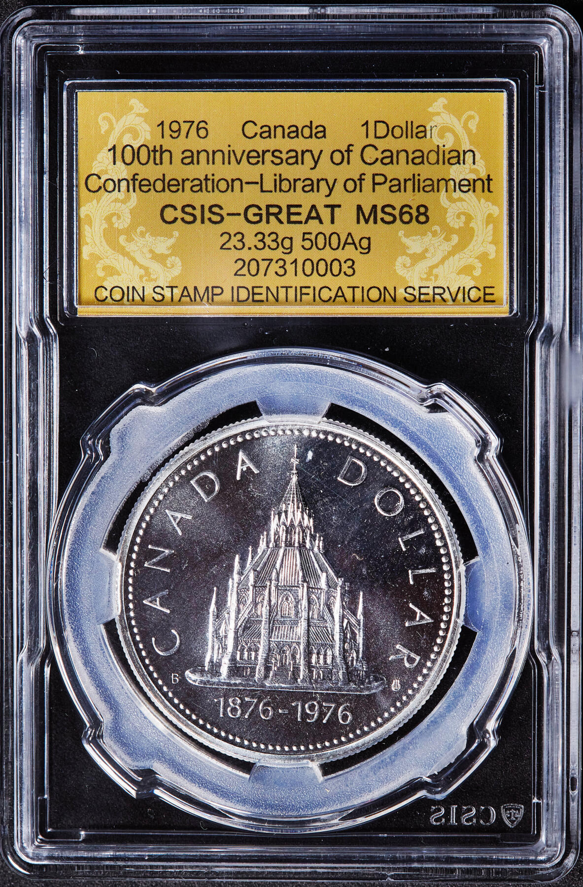 【俄甄集藏】2026年(049)03-18星期三 晚 19:30 全场包邮 英属加拿大1976年伊拉莎白二世纪念联邦议会图书馆建成百年1元银币，信泰 MS68，重23.3276克，500银