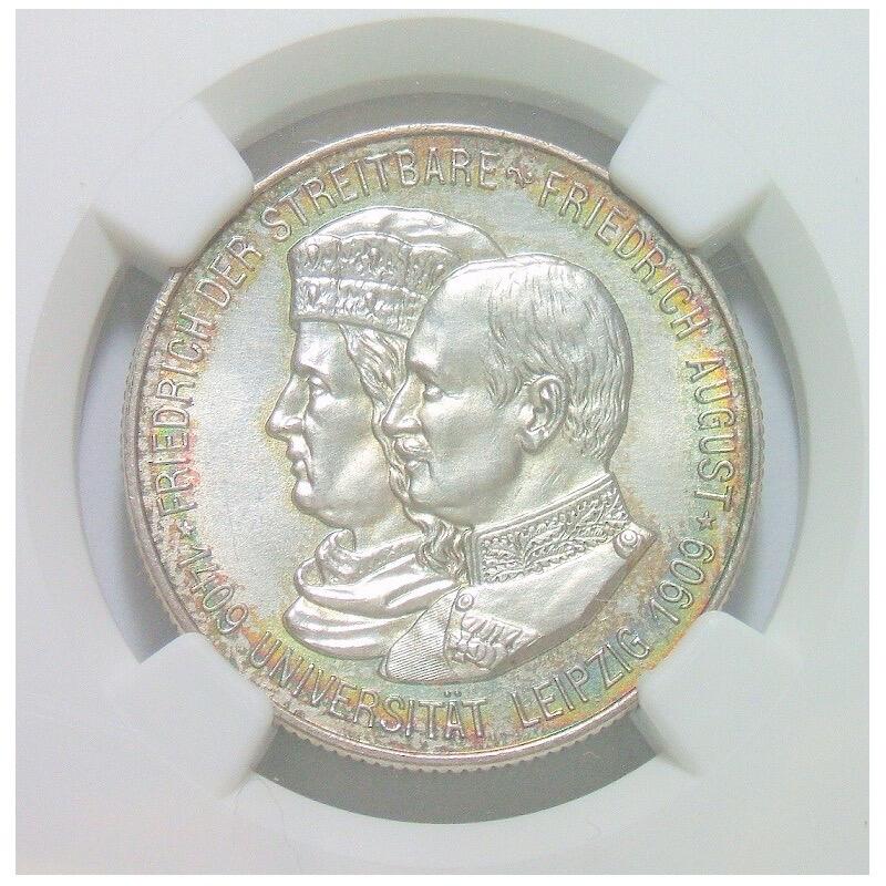 【银】NGC UNC 德国萨克森1909年 莱比锡大学2马克银币 五彩初铸原光