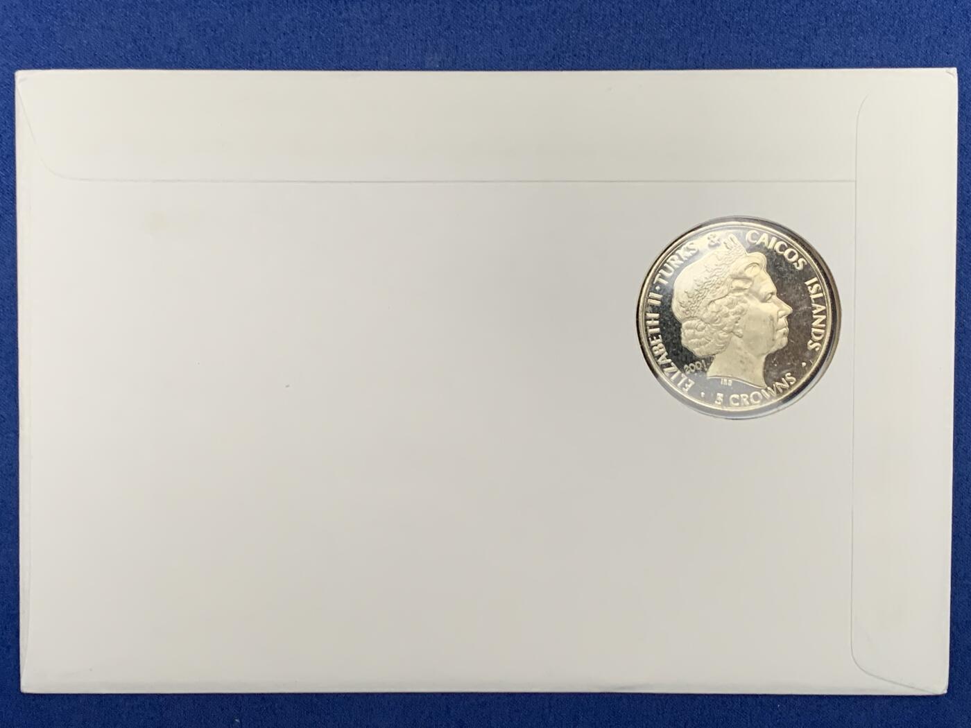 《竞宝斋》第471场 周日，周一，周二 3场连拍 （全场包邮）欢迎送拍 2001年英属特克斯和凯科斯群岛5克朗纪念币皇家海军潜艇部队成立100周年纪念邮币封首日封