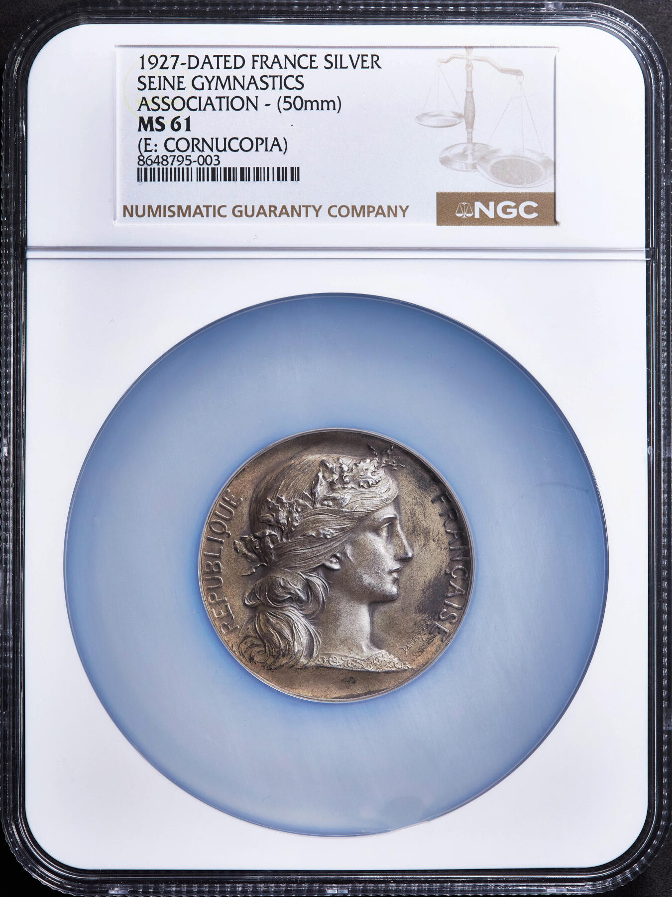 【俄甄集藏】2026年(049)03-18星期三 晚 19:30 全场包邮 法国1927年玛丽安娜头像塞纳省和谐体操协会银质奖章，NGC MS61，黄油酱彩老包浆，直径50mm，丰饶角铭