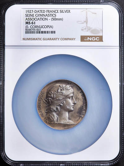 【俄甄集藏】2026年(049)03-18星期三 晚 19:30 全场包邮 - 法国1927年玛丽安娜头像塞纳省和谐体操协会银质奖章，NGC MS61，黄油酱彩老包浆，直径50mm，丰饶角铭