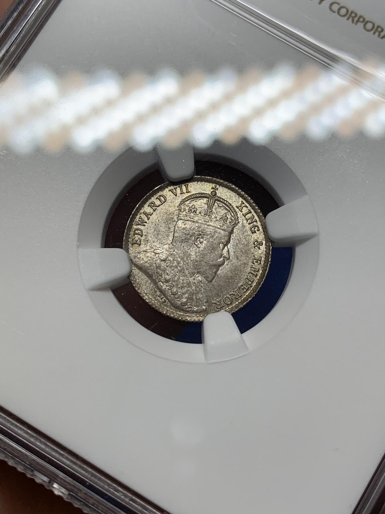 《竞宝斋》第471场 周日，周一，周二 3场连拍 （全场包邮）欢迎送拍 NGC MS64 香港 1904年 爱德华 五仙 银币 人像清晰 凹凸可见 自然包浆 原光