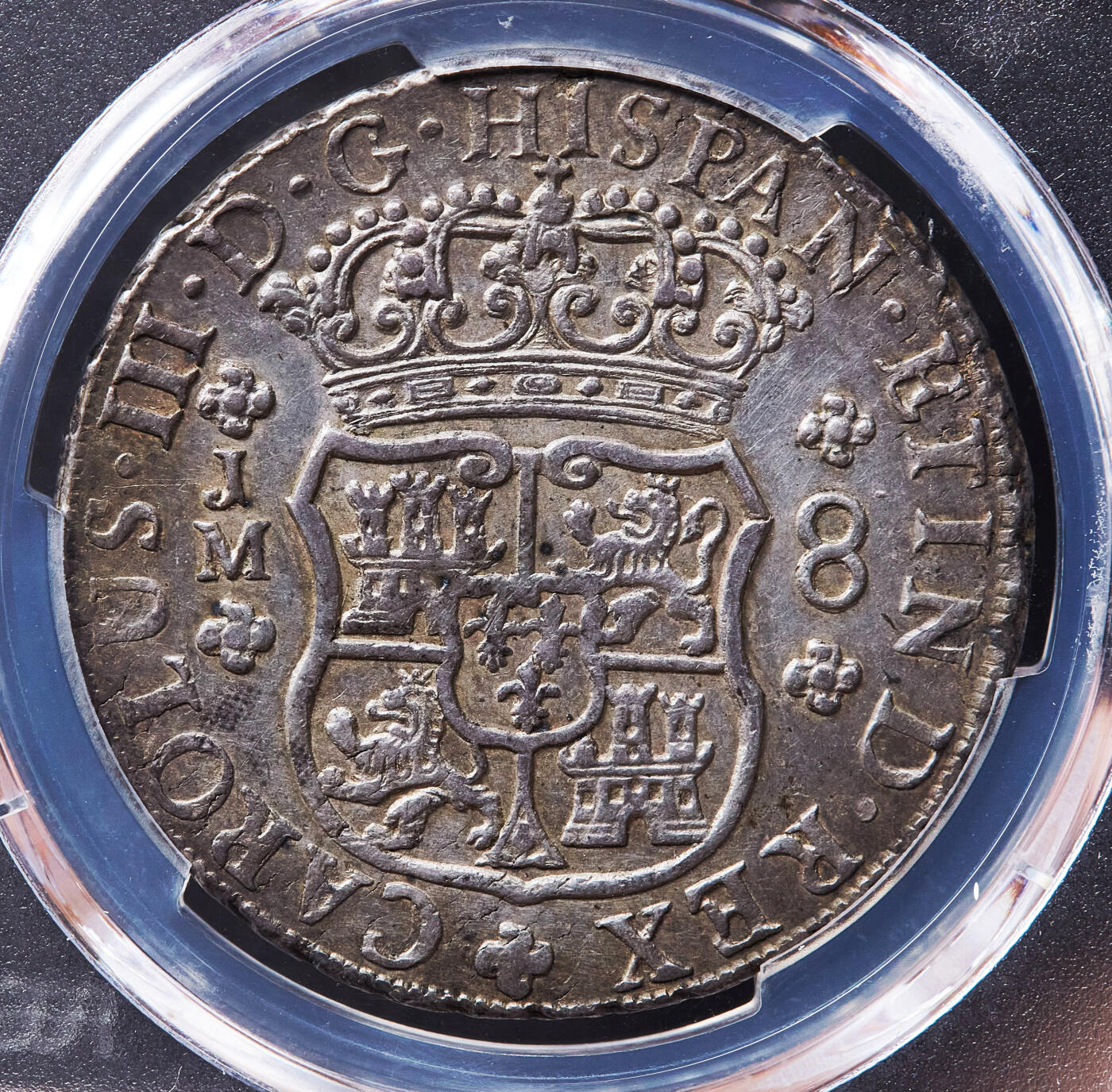 【俄甄集藏】2026年(049)03-18星期三 晚 19:30 全场包邮 西属秘鲁1770年卡洛斯三世LM JM版8里亚尔双柱地球大银币，PCGS UNCD，黄油酱彩原味包浆，底光犹存，名誉品种，味道一流