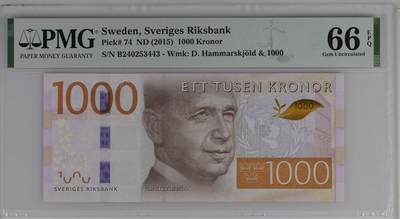 《外钞收藏家》第六百一十八期（精品场）（长期征集拍品、欢迎藏友们联系合作） - 2015年瑞典最新版1000克朗 PMG66