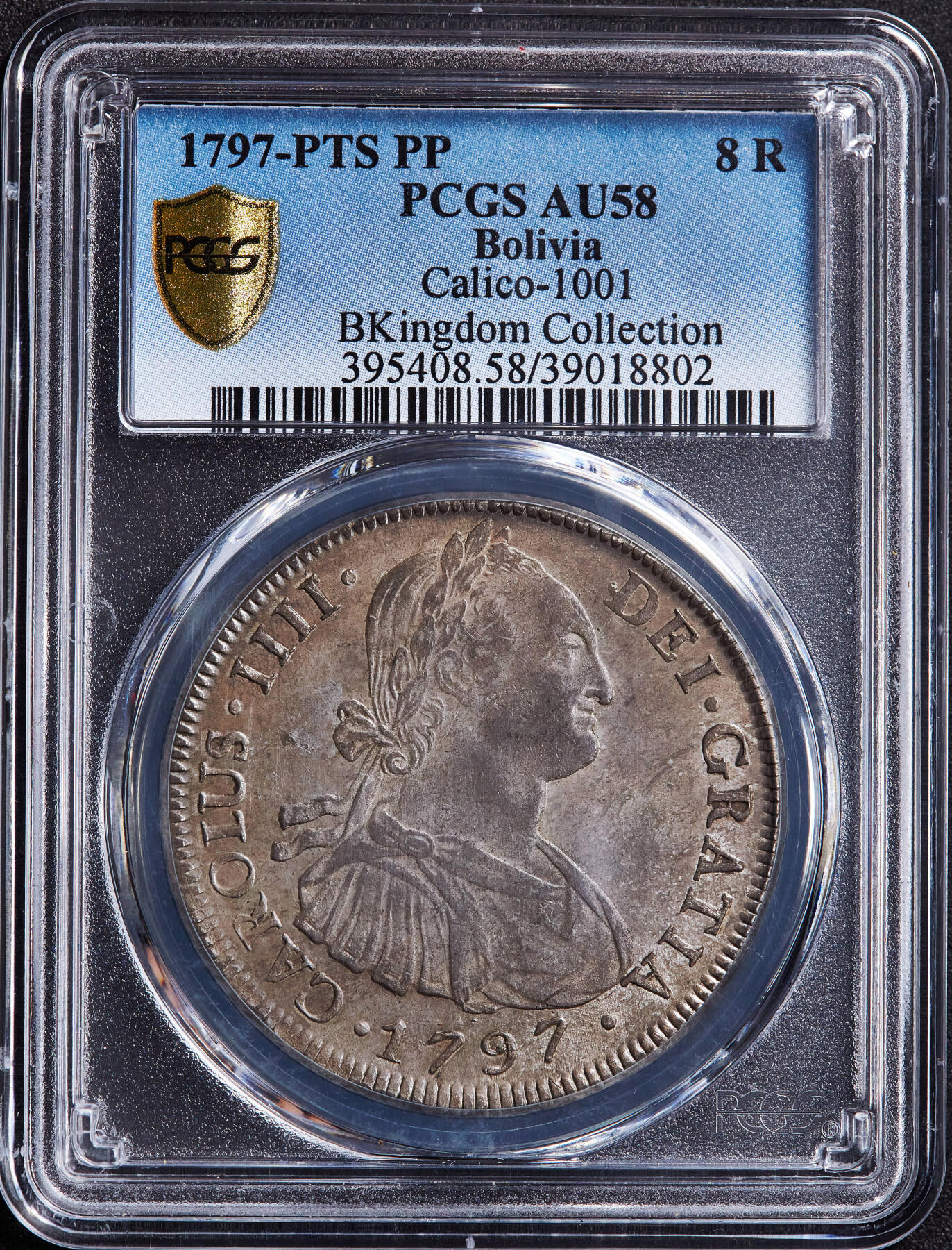 【俄甄集藏】2026年(049)03-18星期三 晚 19:30 全场包邮 西属玻利维亚1797年卡洛斯四世PTS PP版8里亚尔双柱大银币，PCGS AU58，黄油酱彩老包浆，底光犹存，打制周正，味道一流