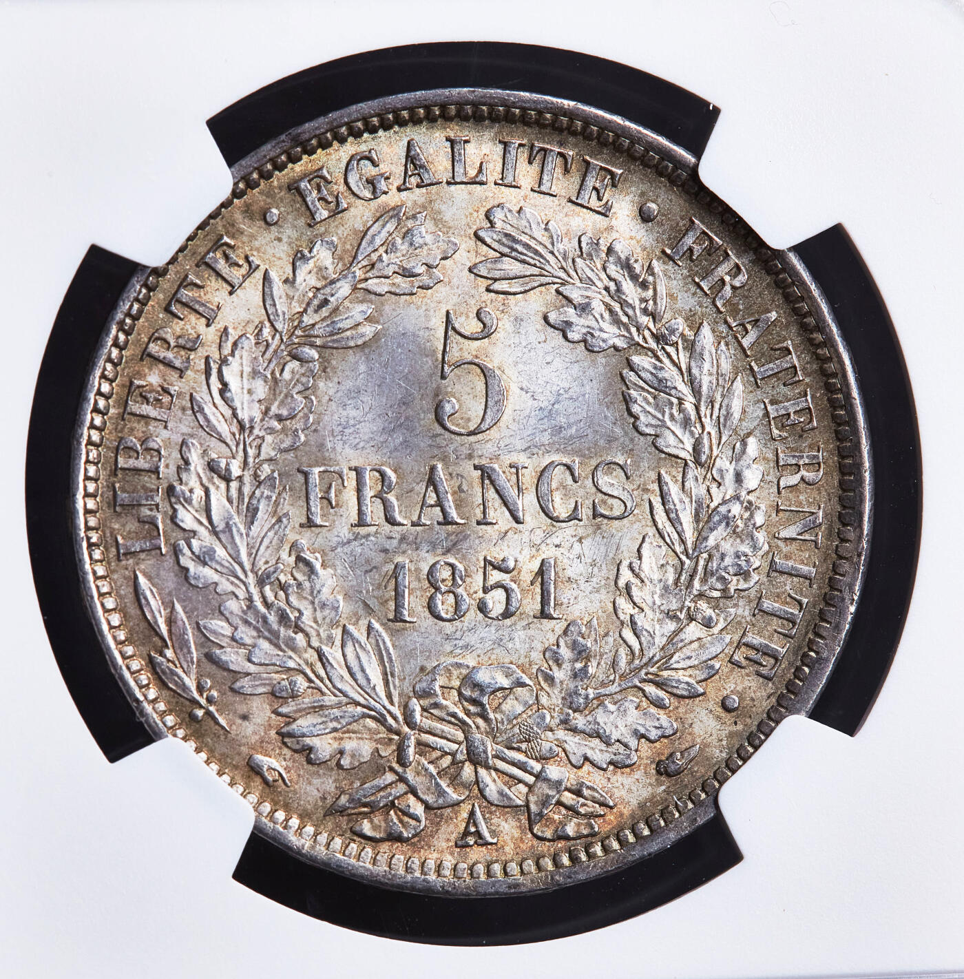 【俄甄集藏】2026年(049)03-18星期三 晚 19:30 全场包邮 法国1851年第二共和国A版谷物女神头像5法郎大银币，NGC MS63，黄油环彩，转光品相，经典品种