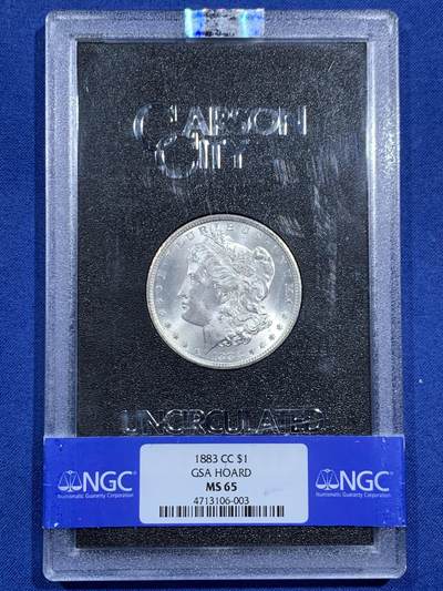 《竞宝斋》第471场 周日，周一，周二 3场连拍 （全场包邮）欢迎送拍 - NGC MS65 美国 1883 CC 摩根银币 稀有卡森厂 GSA绝版大封装 高分难得 车轮转光