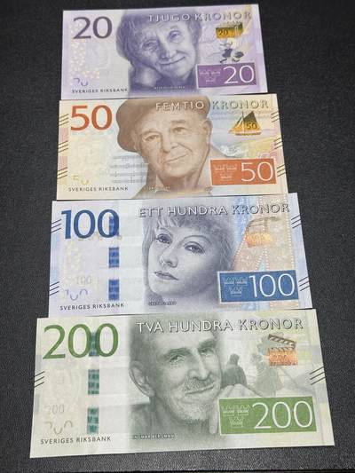 《外钞收藏家》第六百一十八期（精品场）（长期征集拍品、欢迎藏友们联系合作） - 瑞典新版20/50/100/200克朗文化名人系列四张一套（绝品）	绝品