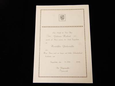 戎马世界章牌大赏第112期 德专场 - 来自Tangerhütte 市政府金婚记念 证书 庆祝 Daverhuth 夫妻的金婚纪念日（结婚50周年）市长亲签