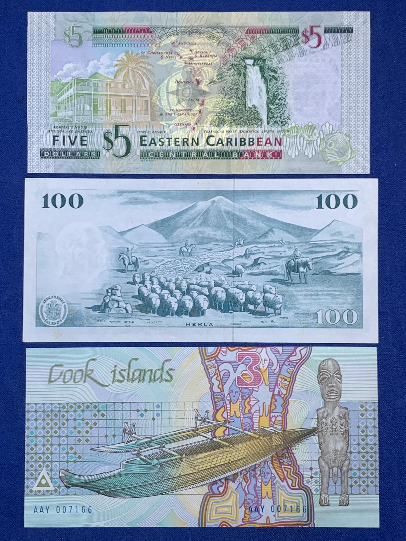 《竞宝斋》第471场 周日，周一，周二 3场连拍 （全场包邮）欢迎送拍 三张一组 英属东加勒比、库克群岛、冰岛纸币