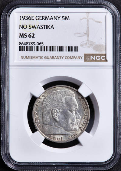 【俄甄集藏】2026年(049)03-18星期三 晚 19:30 全场包邮 - 德国第三帝国1936年E版兴登堡5马克银币，NGC MS62，原光品相