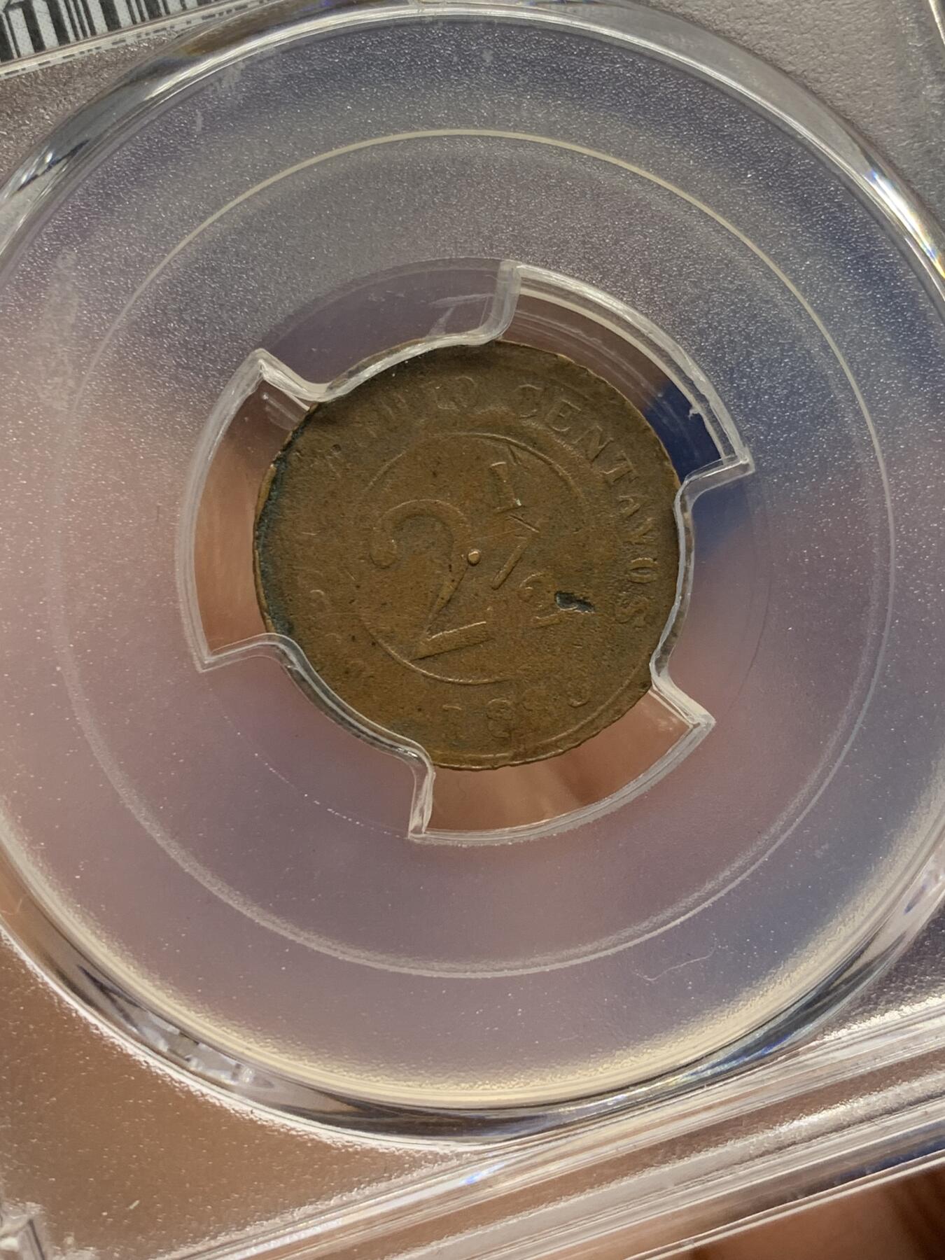 《竞宝斋》第471场 周日，周一，周二 3场连拍 （全场包邮）欢迎送拍 稀少错币 PCGS XF45 哥伦比亚1885年2.5分铜币 模具腐蚀 冠军分