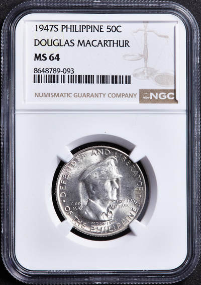 【俄甄集藏】2026年(049)03-18星期三 晚 19:30 全场包邮 - 菲律宾1947年S版麦克阿瑟将军50分银币，NGC MS64，转光品相，经典品种
