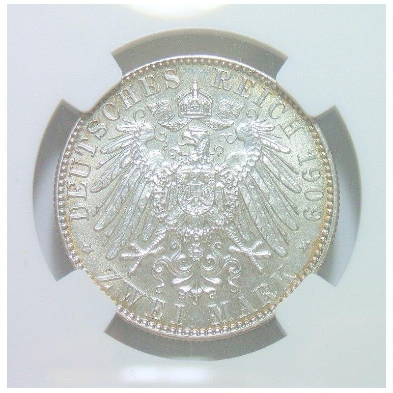 【银】NGC UNC 德国萨克森1909年 莱比锡大学2马克银币 五彩初铸原光