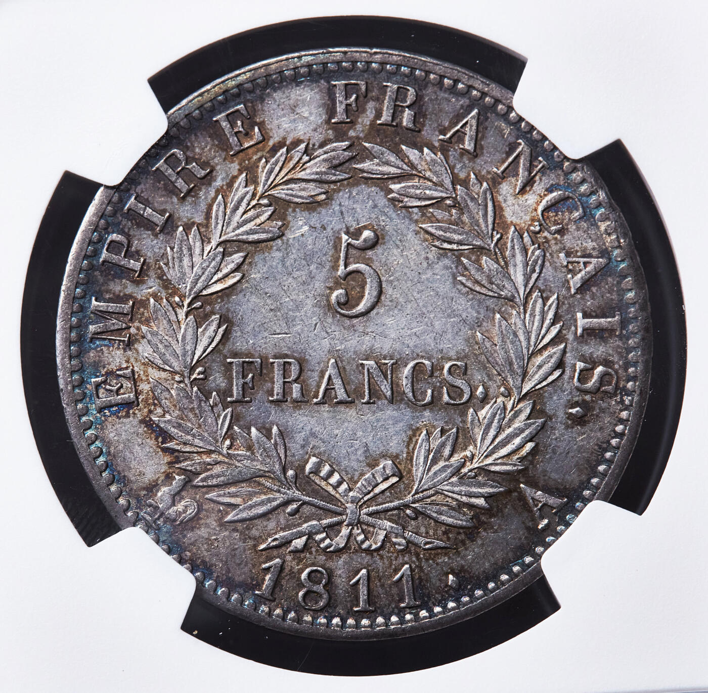 【俄甄集藏】2026年(049)03-18星期三 晚 19:30 全场包邮 法国1811年拿破仑帝国A版5法郎大银币，NGC AU58，五彩包浆，底光犹存，经典品种