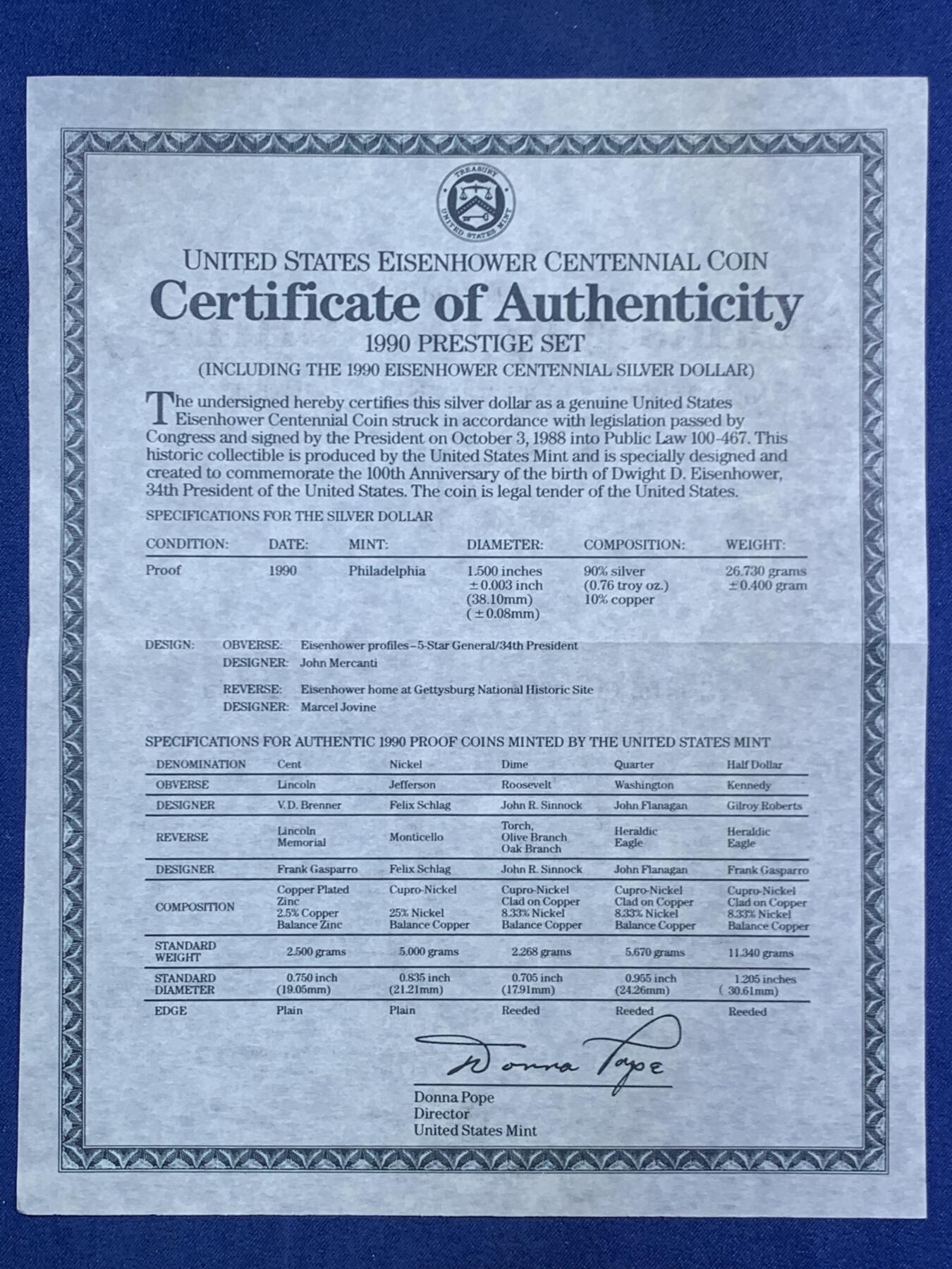 《竞宝斋》第471场 周日，周一，周二 3场连拍 （全场包邮）欢迎送拍 1990年美国Prestige套装，含6枚硬币，带原盒和证书，其中最大的一枚是900银的艾森豪威尔百年纪念银币含26.73克纯银。