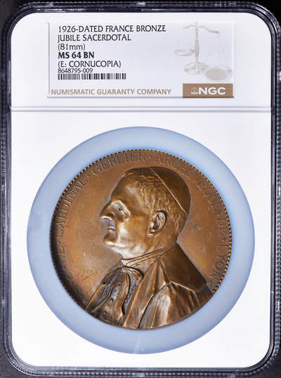 【俄甄集藏】2026年(049)03-18星期三 晚 19:30 全场包邮 - 法国1926年纪念里昂总主教塞·勒·热利耶枢机担任司铎50周年大铜章，NGC MS64，高浮雕，巧克力包浆，设计精美，直径：81mm，丰饶角铭