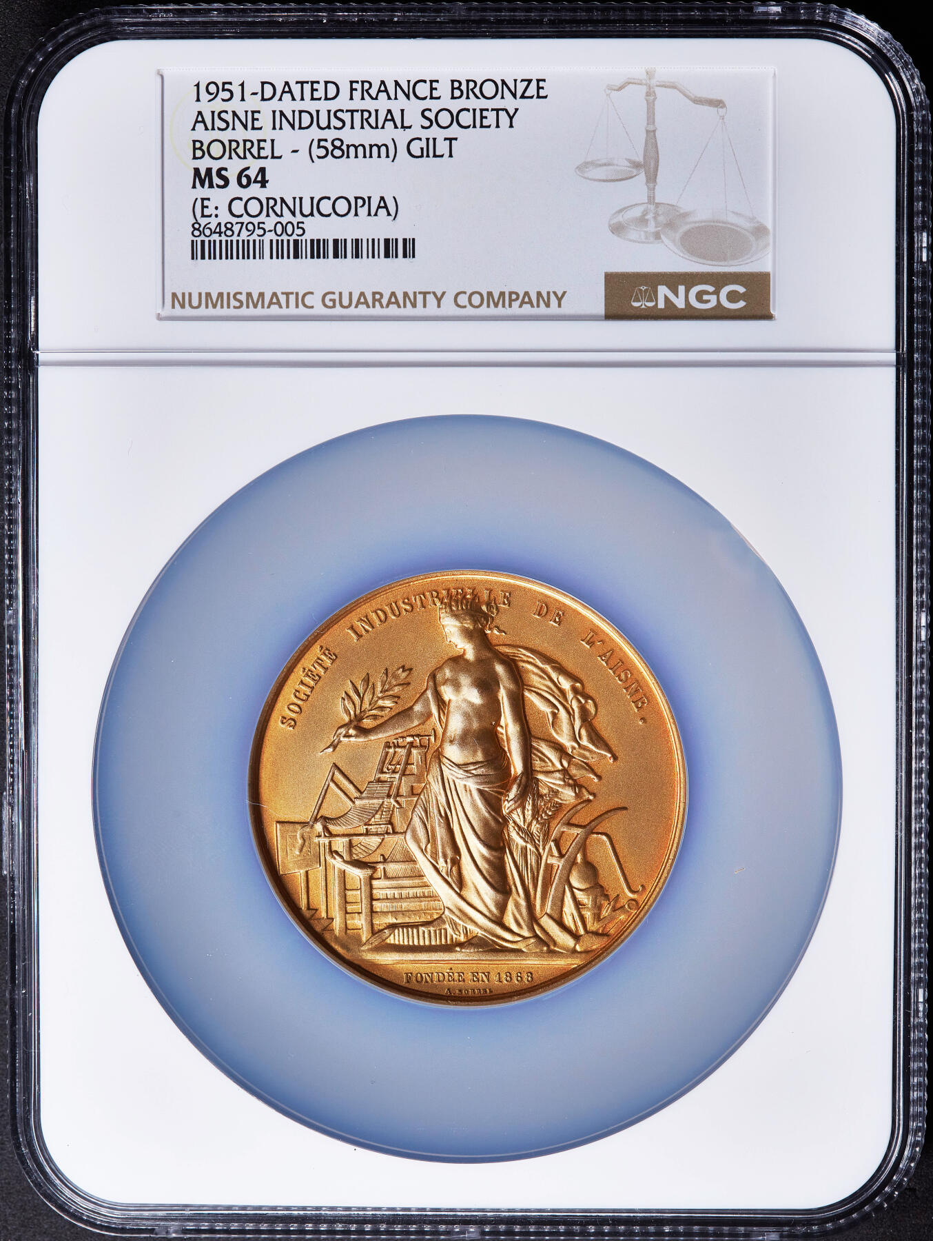 【俄甄集藏】2026年(049)03-18星期三 晚 19:30 全场包邮 法国1951年工业女神站像埃纳省工业协会镀金大铜章，NGC MS63，直径58mm，丰饶角铭，授予E·雷德表彰在大卫&梅格雷特公司铸造行业25年服务的贡献，雕刻师博雷尔作品，金属足