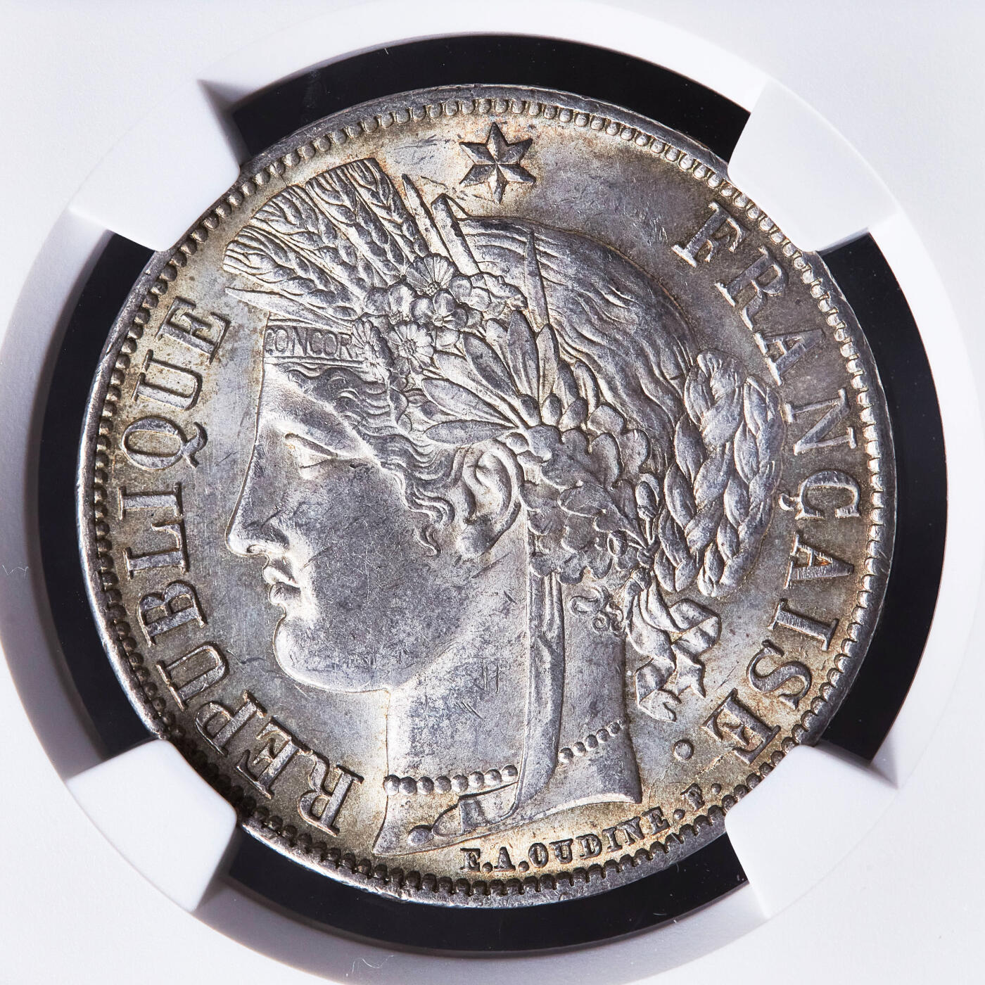 【俄甄集藏】2026年(049)03-18星期三 晚 19:30 全场包邮 法国1851年第二共和国A版谷物女神头像5法郎大银币，NGC MS63，黄油环彩，转光品相，经典品种