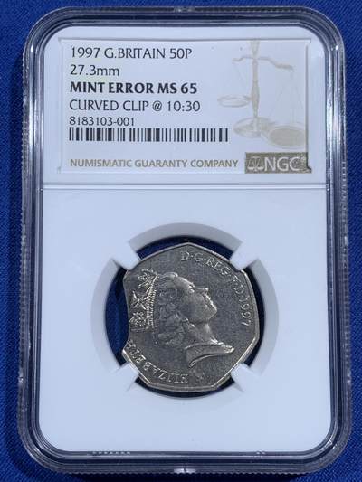 《竞宝斋》第471场 周日，周一，周二 3场连拍 （全场包邮）欢迎送拍 - 稀少错币 NGC MS65 英国1997年50便士 “CURVED CLIP”弧形缺损 改版年份 收藏意义倍增