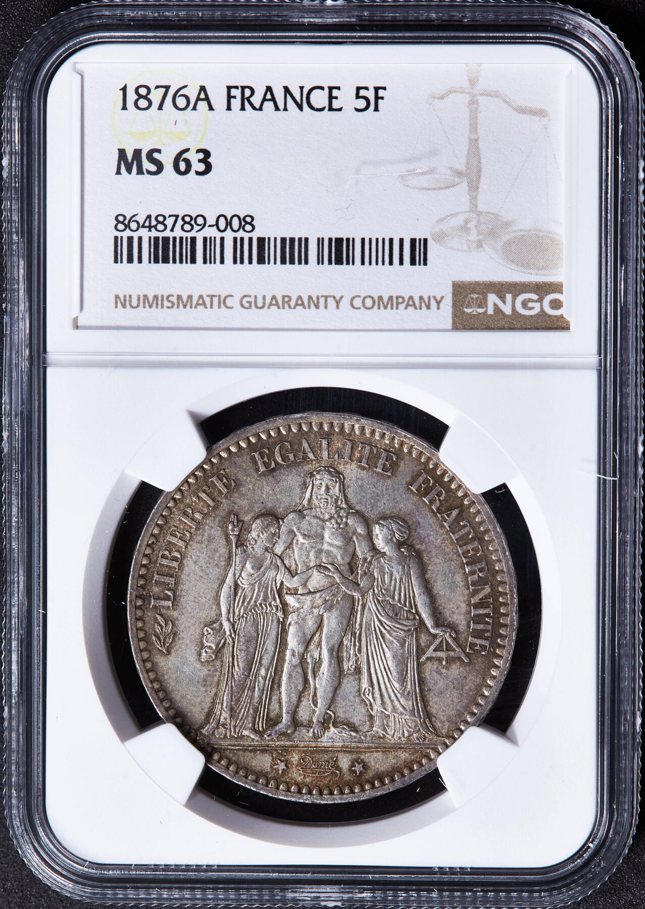 【俄甄集藏】2026年(049)03-18星期三 晚 19:30 全场包邮 法国1876年A版大力神5法郎大银币，NGC MS63，黄油彩老包浆，原光品相