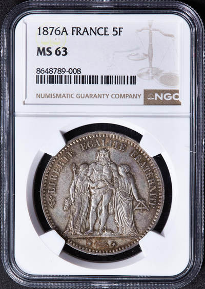 【俄甄集藏】2026年(049)03-18星期三 晚 19:30 全场包邮 - 法国1876年A版大力神5法郎大银币，NGC MS63，黄油彩老包浆，原光品相
