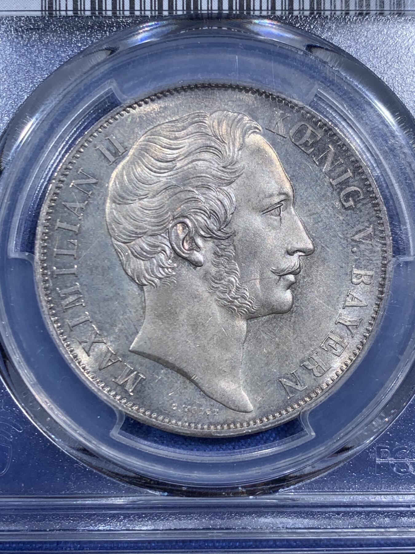 《竞宝斋》第471场 周日，周一，周二 3场连拍 （全场包邮）欢迎送拍 PCGS MS63 bu极美品相 德国 1855年 巴伐利亚圣母抱婴2盾银币， 带初铸类精制转光，人像质感非常好。足以入藏的一枚，视觉效果无敌。