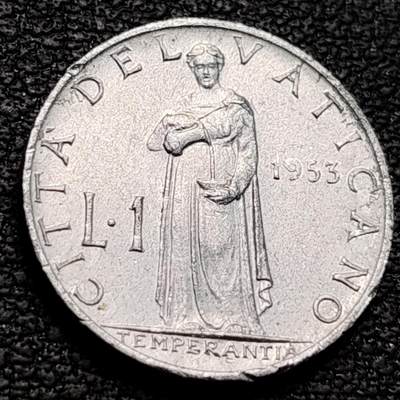 泉币菌-第212场-拍品多 请提前出价（工作最近较忙 发货不及时，望理解） - 原光美品 梵蒂冈1953年1里拉铝币，庇护十二世，17mm