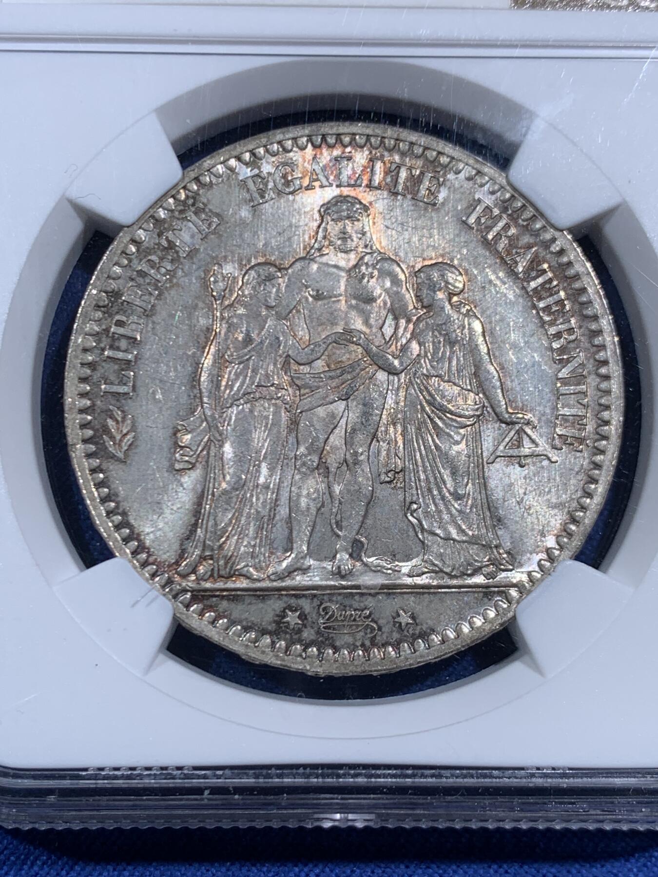 《竞宝斋》第471场 周日，周一，周二 3场连拍 （全场包邮）欢迎送拍 NGC MS63 法国 1876年 A 大力神 5法郎银币 细节见图