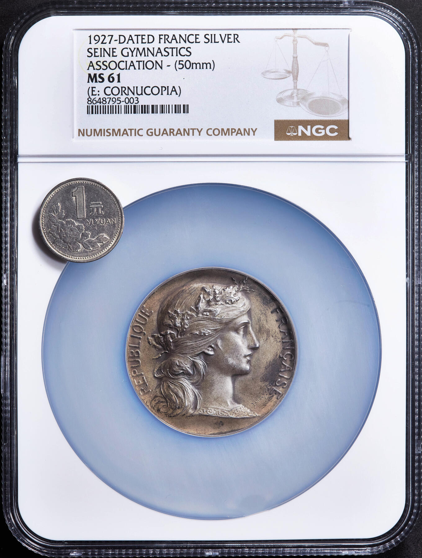 【俄甄集藏】2026年(049)03-18星期三 晚 19:30 全场包邮 法国1927年玛丽安娜头像塞纳省和谐体操协会银质奖章，NGC MS61，黄油酱彩老包浆，直径50mm，丰饶角铭