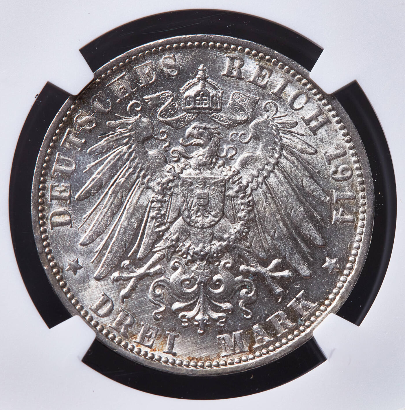 【俄甄集藏】2026年(049)03-18星期三 晚 19:30 全场包邮 德国符腾堡1914年威廉二世F版3马克银币，NGC MS62，五彩环彩，转光品相