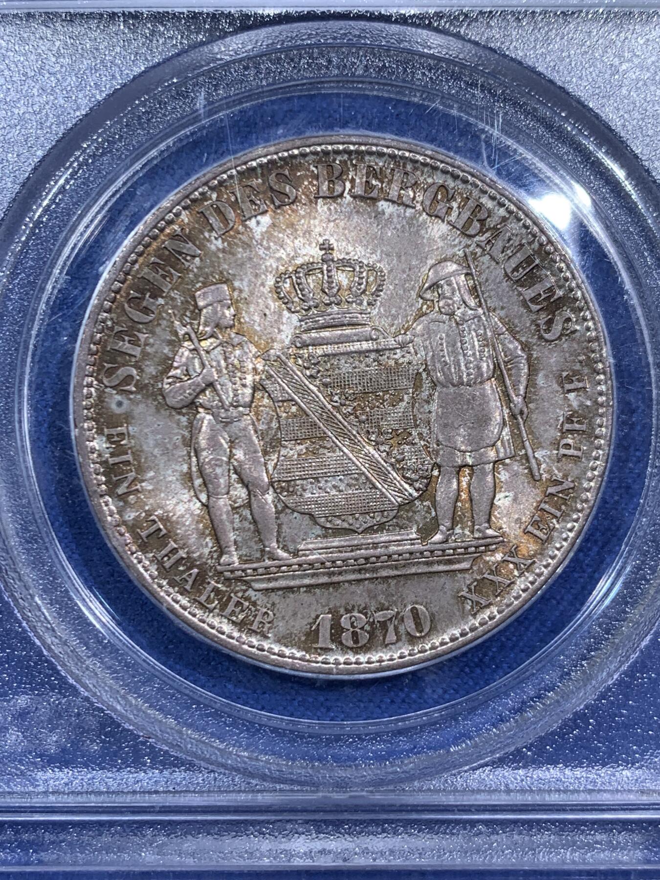 《竞宝斋》第471场 周日，周一，周二 3场连拍 （全场包邮）欢迎送拍 PCGS MS66 德国 1870B 萨克森矿业泰勒 亚军分！PCGS老盒严评，图案高点十分锐利。