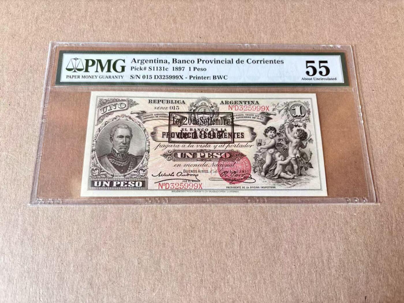 【Blue Auction】世界纸币精拍第795期——18级TOP拍卖/信誉/品质/专业/高效💫  【实钞唯一冠军分 999豹子号无47】阿根廷 1897年1比索 设计非常精巧童趣十足 PMG55 BWC出品雕刻精美