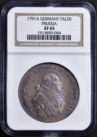 【俄甄集藏】2026年(049)03-18星期三 晚 19:30 全场包邮 - 神圣罗马帝国-德国普鲁士1791年A版弗里德里希·威廉二世1泰勒银币，NGC XF45，黄油酱彩老包浆，味道一流
