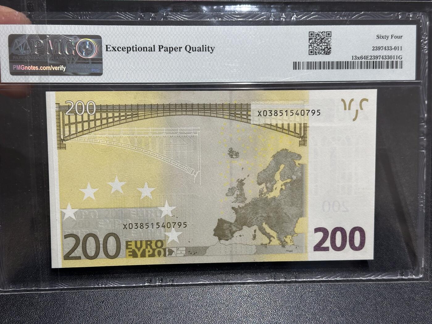 《外钞收藏家》第六百一十八期（精品场）（长期征集拍品、欢迎藏友们联系合作） 欧洲2002年200元PMG64EPQ二签（X字母，德国）